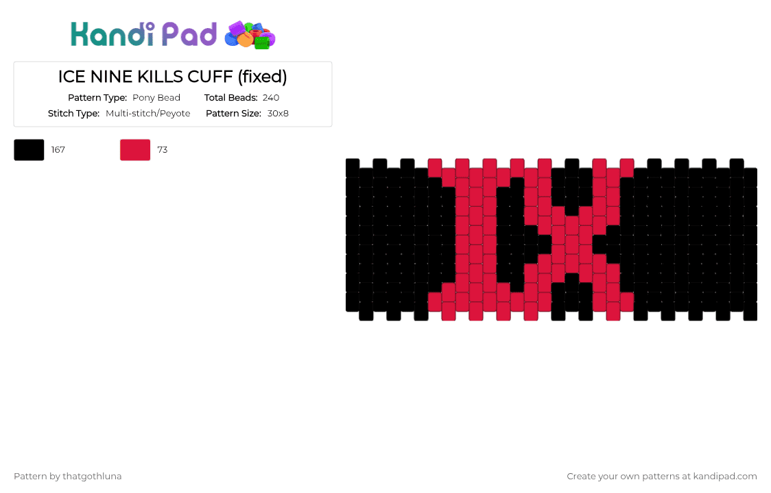 ICE NINE KILLS CUFF (fixed) - Pony Bead Pattern by thatgothluna on Kandi Pad - black,red