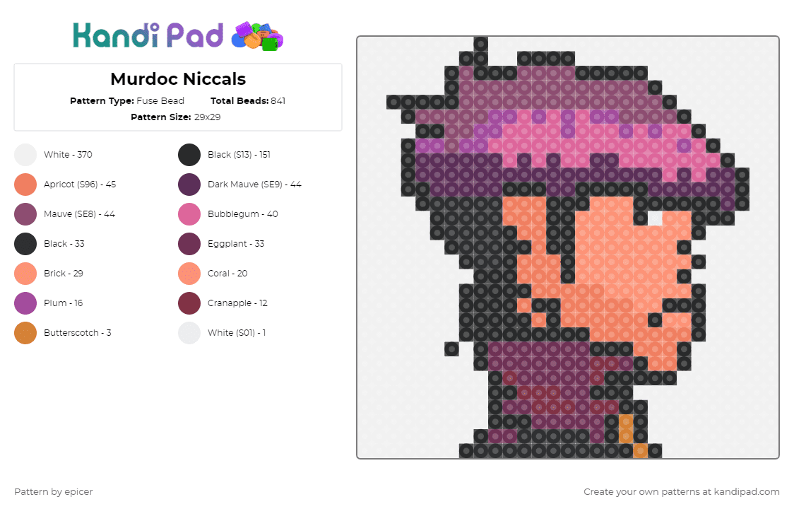 Murdoc Niccals - Fuse Bead Pattern by epicer on Kandi Pad - white,pink,orange