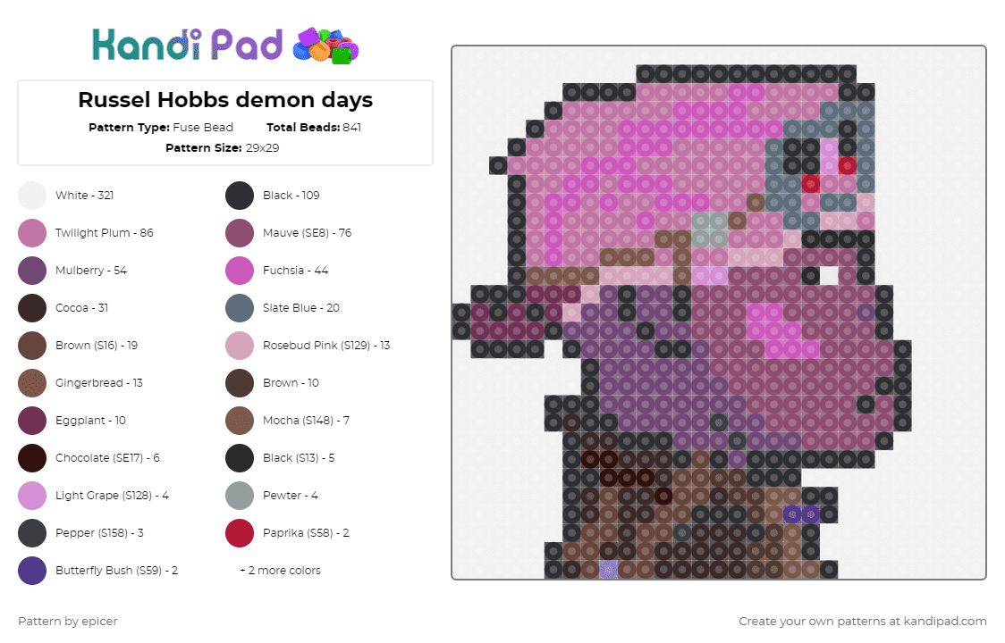 Russel Hobbs demon days - Fuse Bead Pattern by epicer on Kandi Pad - white,pink,brown
