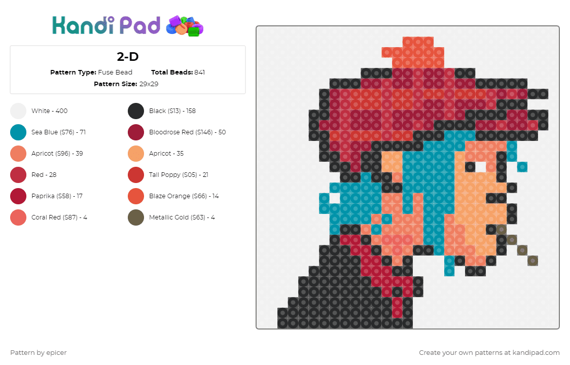 2-D - Fuse Bead Pattern by epicer on Kandi Pad - white,red,orange,teal