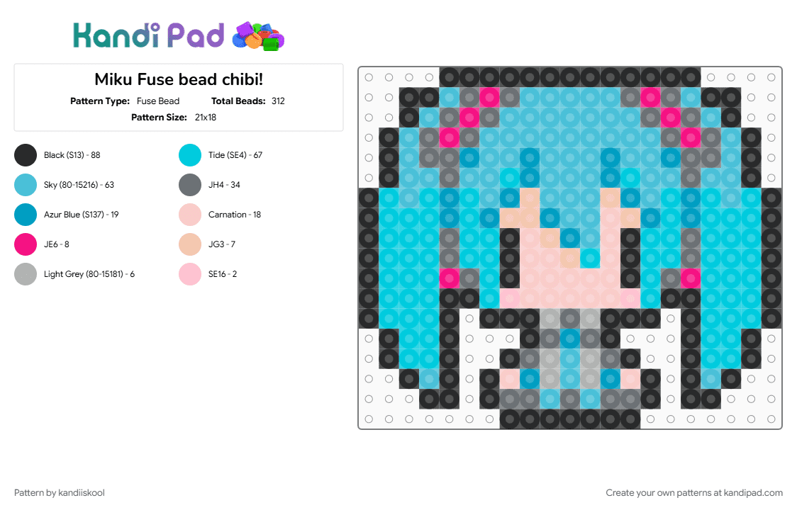Miku Fuse bead chibi! - Fuse Bead Pattern by kandiiskool on Kandi Pad - chibi, fusebead, hatsune miku, light blue, miku, miku hatsune, miku miku oo ee oo, music, vocaloid