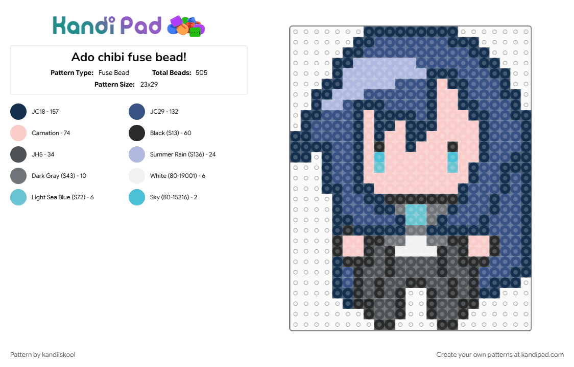 Ado chibi fuse bead! - Fuse Bead Pattern by kandiiskool on Kandi Pad - ado, blue, chando, charm, chib, fuse bead, music, music artist, singer