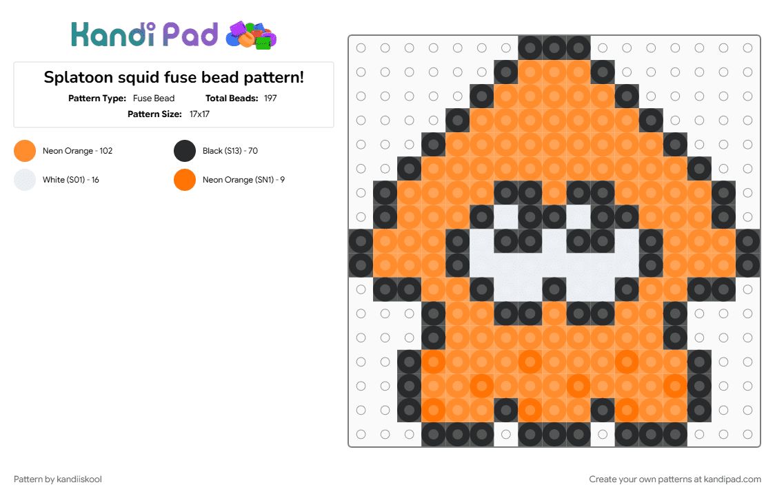 Splatoon squid fuse bead pattern! - Fuse Bead Pattern by kandiiskool on Kandi Pad - fusebead, inkling, nintendo, orange, splatoon, splatoon 2, splatoon 3, squid, video game