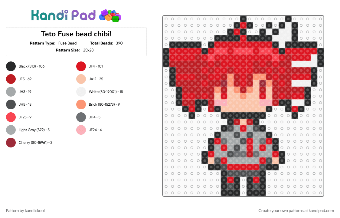 Teto Fuse bead chibi! - Fuse Bead Pattern by kandiiskool on Kandi Pad - chibi, fusebead, kasane teto, music, red, teto, teto kasane, utau, vocaloid