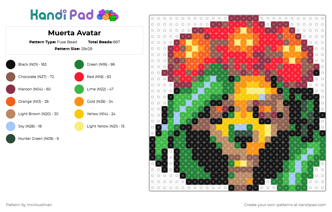 Muerta Avatar - Fuse Bead Pattern by mrcloudman on Kandi Pad - tan,orange,green,muerta avatar,muerta,avatar,dota 2,dota,heroes