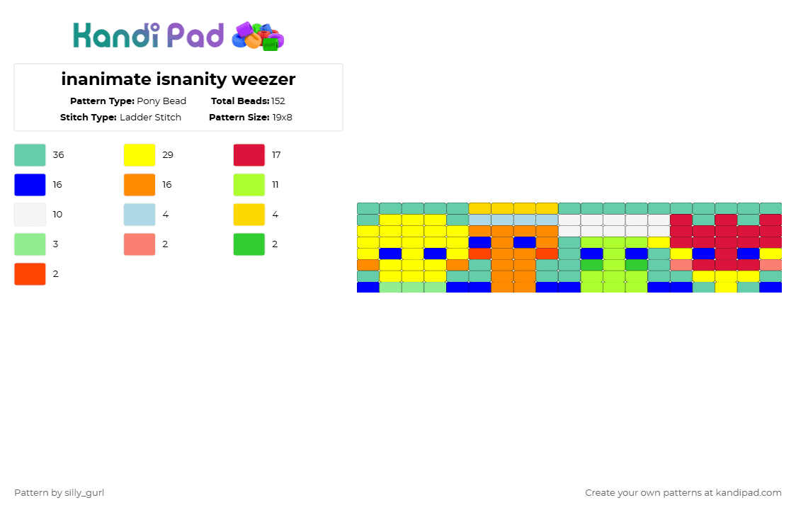 inanimate isnanity weezer - Pony Bead Pattern by silly_gurl on Kandi Pad - yellow,red,teal