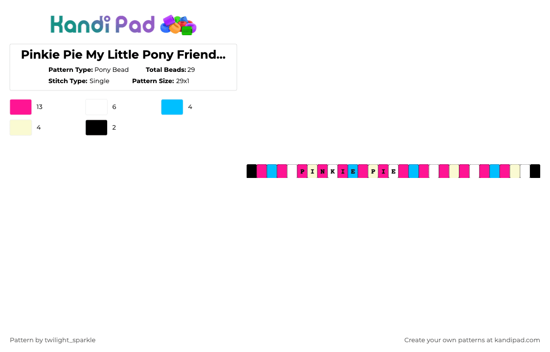 Pinkie Pie Fourth Generation 2010 My Little Pony Friendship is Magic MLP Bracelet! - Pony Bead Pattern by twilight_sparkle on Kandi Pad - pink,pinkie pie,my little pony,friendship is magic,mlp,twenty ten,fourth generation,2010,gen four