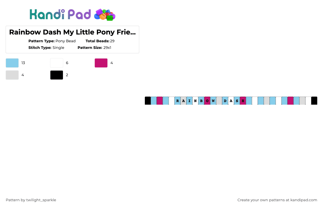 Rainbow Dash Fourth Generation 2010 My Little Pony Friendship is Magic MLP Bracelet! - Pony Bead Pattern by twilight_sparkle on Kandi Pad - light blue,rainbow dash,my little pony,friendship is magic,mlp,fourth generation,gen four,2010,twenty ten