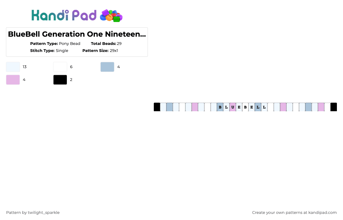 BlueBell Generation 1 1983 My Little Pony! - Pony Bead Pattern by twilight_sparkle on Kandi Pad - white,light blue,pink,blue,bell,mlp,my little pony,generation one,generation one 1983,nineteen eighty three
