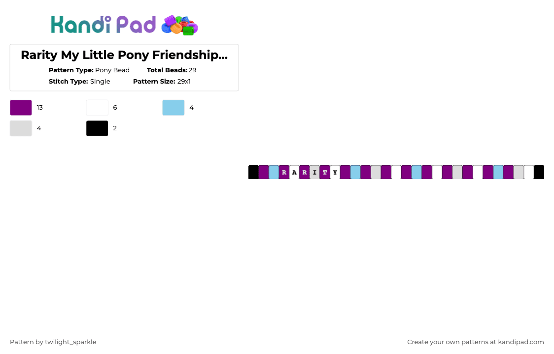 Rarity Fourth Generation 2010 My Little Pony Friendship is Magic MLP Bracelet! - Pony Bead Pattern by twilight_sparkle on Kandi Pad - pink,rarity,my little pony,mlp,friendship is magic,bracelet