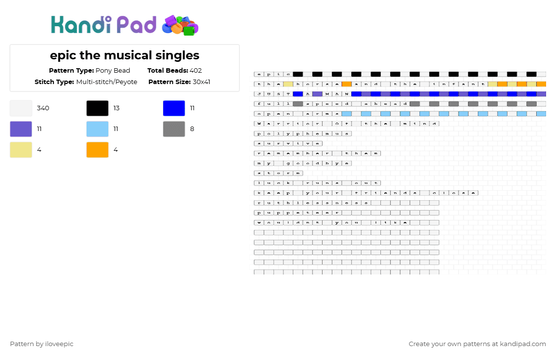 epic the musical singles - Pony Bead Pattern by iloveepic on Kandi Pad - white,blue,light blue,colorful,singles,epic the musicl