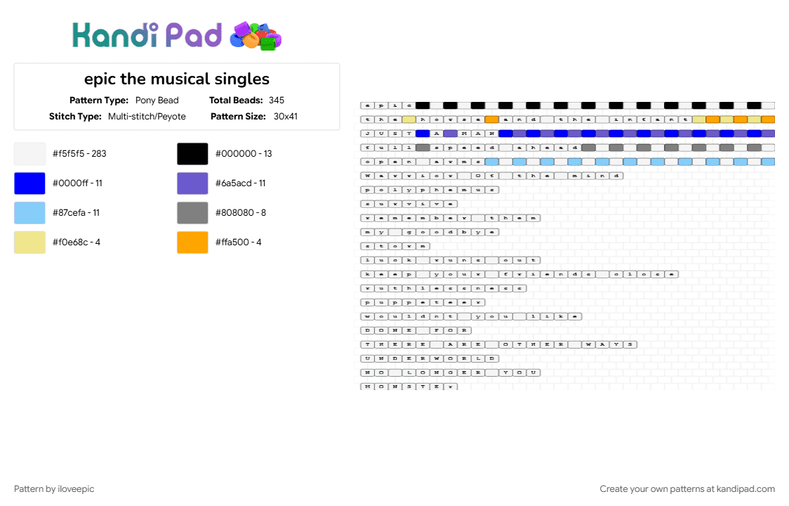 epic the musical singles - Pony Bead Pattern by iloveepic on Kandi Pad - blue, colorful, light blue, white