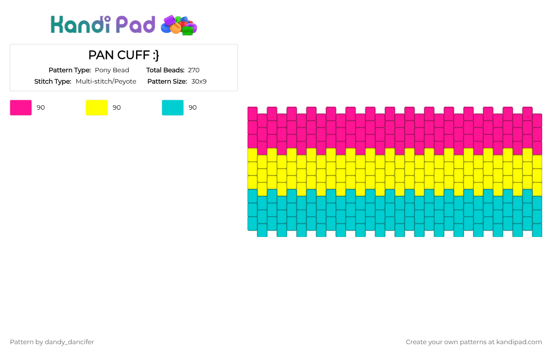 PAN CUFF :} - Pony Bead Pattern by dandy_dancifer on Kandi Pad - pink,yellow,light blue