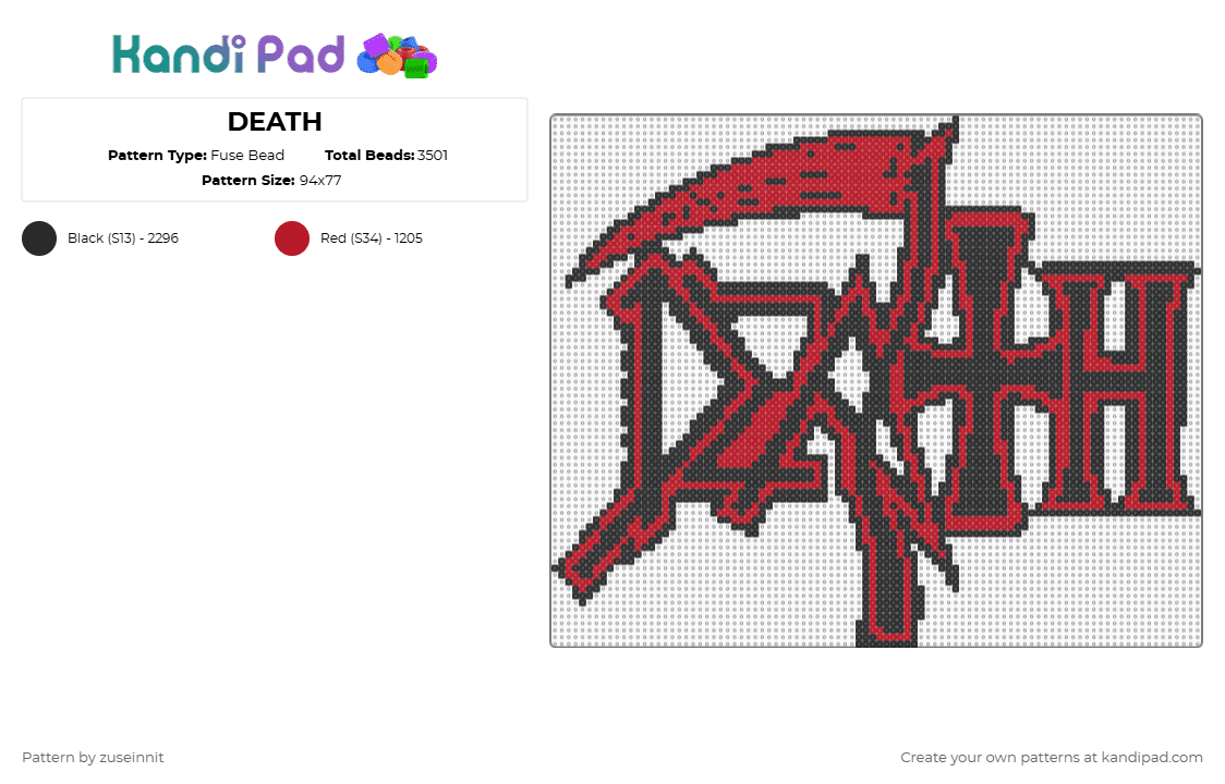 DEATH - Fuse Bead Pattern by zuseinnit on Kandi Pad - black,red,metal,death,heavy metal,death metal,band logo