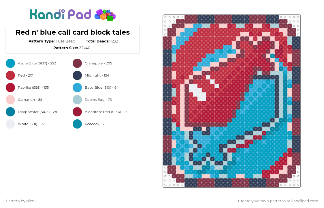 Red n\' blue call card block tales - Fuse Bead Pattern by nico2 on Kandi Pad - brown,red,light blue,block tales