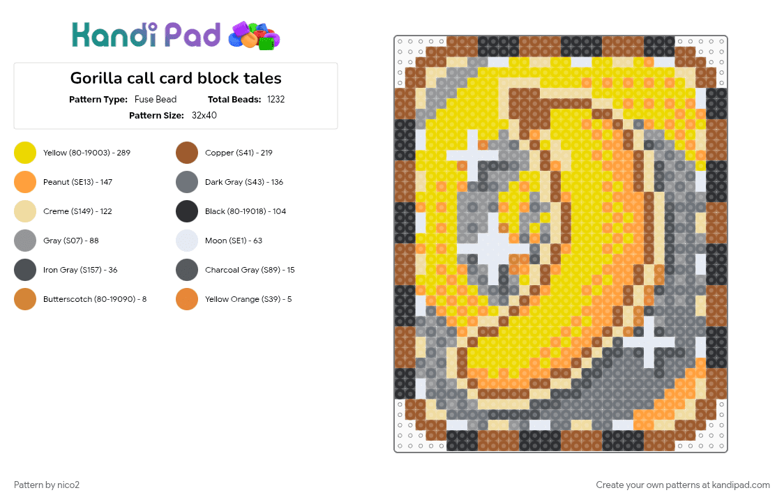 Gorilla call card block tales - Fuse Bead Pattern by nico2 on Kandi Pad - block tales, gray, tan, yellow