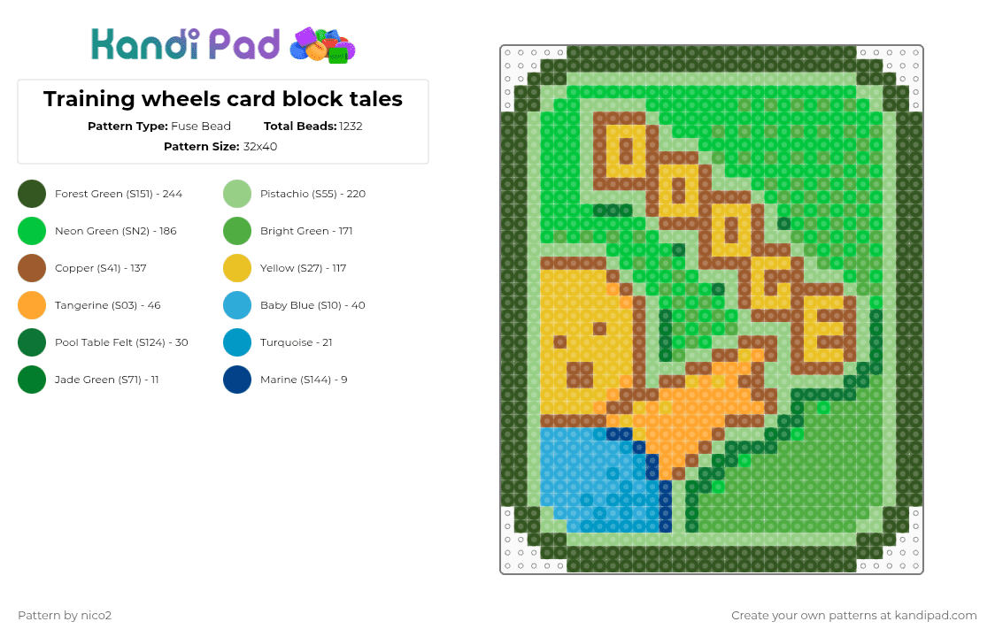 Training wheels card block tales - Fuse Bead Pattern by nico2 on Kandi Pad - gold,teal,green,tan,block tales