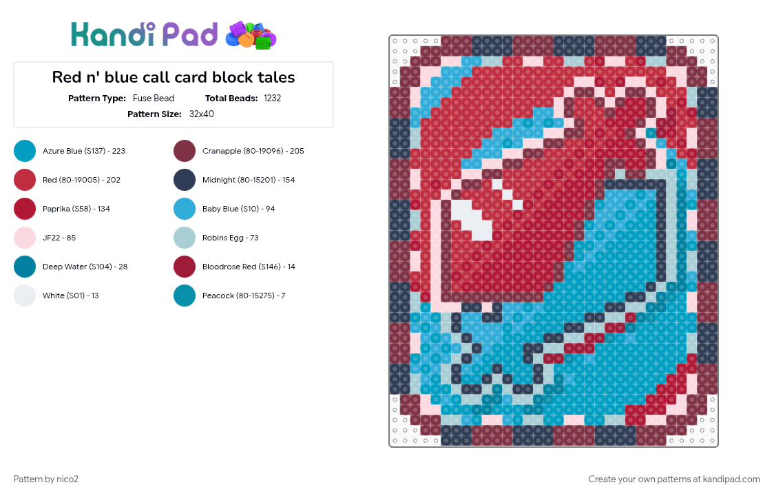 Red n\' blue call card block tales - Fuse Bead Pattern by nico2 on Kandi Pad - block tales, light blue, red