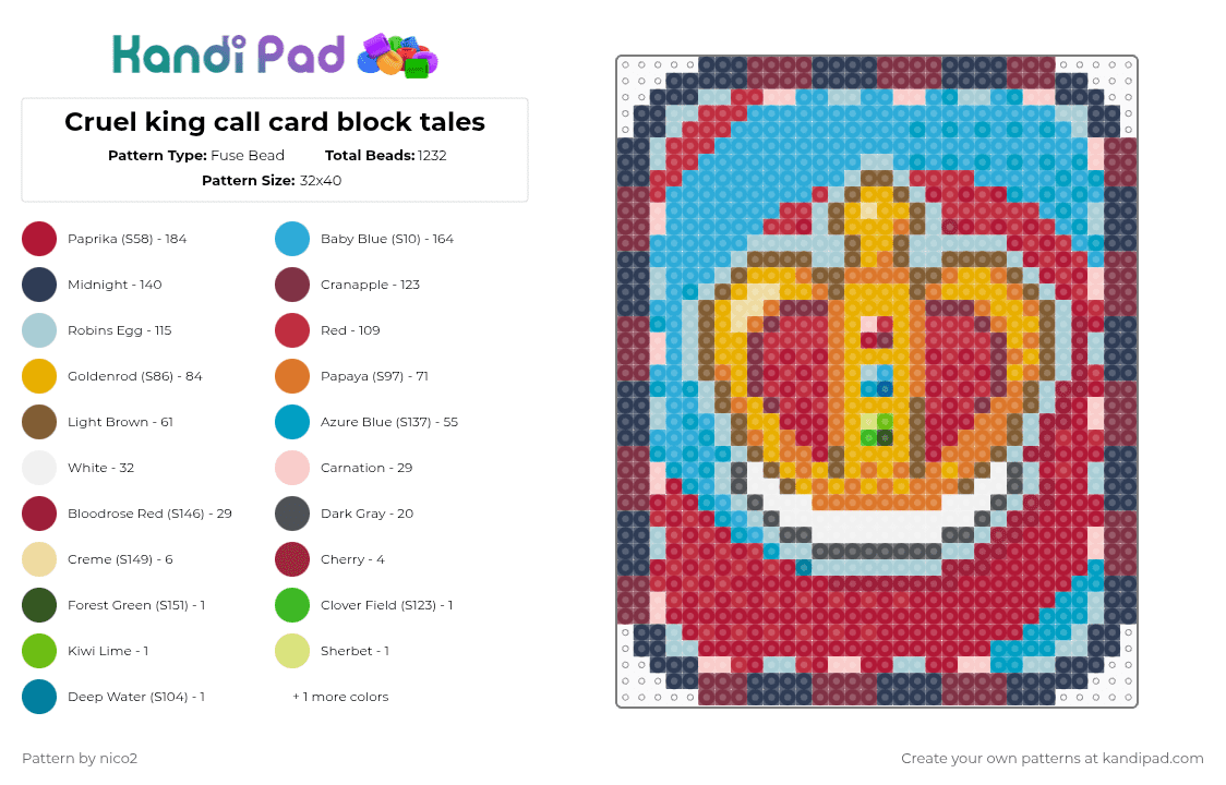 Cruel king call card block tales - Fuse Bead Pattern by nico2 on Kandi Pad - red,light blue,purple,colorful,block tales