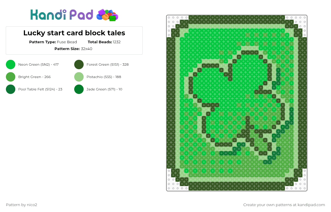 Lucky start card block tales - Fuse Bead Pattern by nico2 on Kandi Pad - green,block tales