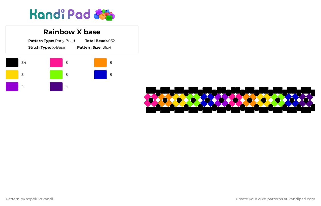 Rainbow X base - Pony Bead Pattern by sophluvzkandi on Kandi Pad - black,purple,rainbow,xbase,neon