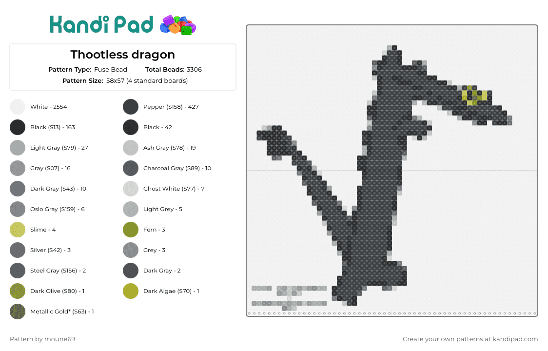 Thootless dragon - Fuse Bead Pattern by moune69 on Kandi Pad - goofy,whimsical,dragon,playful,charcoal,yellow,whimsy,silhouette