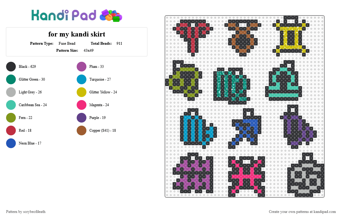 for my kandi skirt - Fuse Bead Pattern by scrybeofdeath on Kandi Pad - black,teal,light blue,beige,colorful,homestuck,charm,zodiac