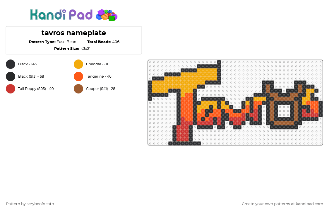 tavros nameplate - Fuse Bead Pattern by scrybeofdeath on Kandi Pad - orange,tavros,homestuck,nameplate