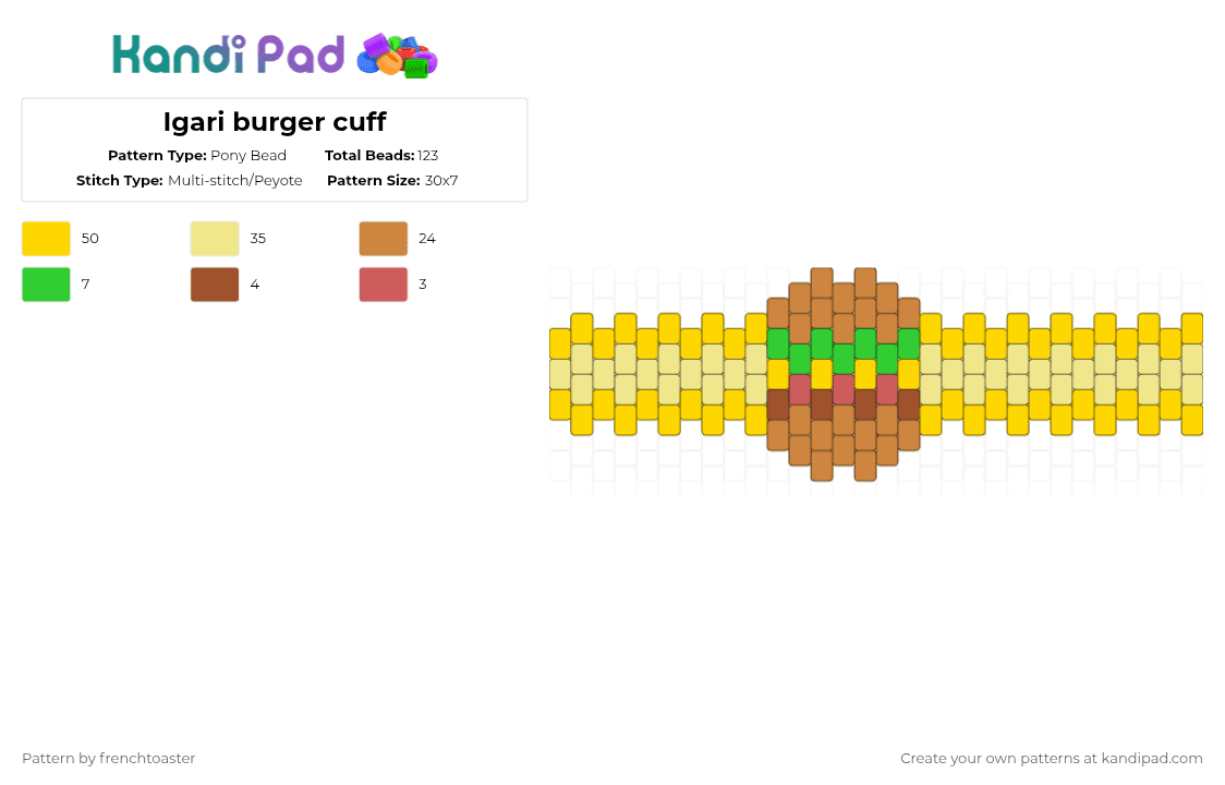 Igari burger cuff - Pony Bead Pattern by dr13d_f0xb0n3z on Kandi Pad - yellow