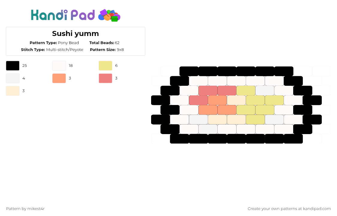 Sushi yumm - Pony Bead Pattern by mikest4r on Kandi Pad - white,yellow,cotdsushi,sushi,food,yum