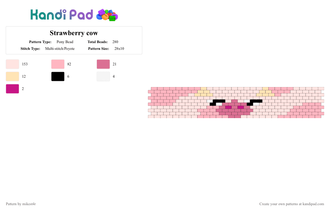 Strawberry cow - Pony Bead Pattern by mikest4r on Kandi Pad - pink,strawberry,white,cow