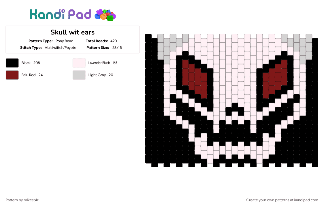 Skull wit ears - Pony Bead Pattern by mikest4r on Kandi Pad - red, skull, spooky, white, white and black