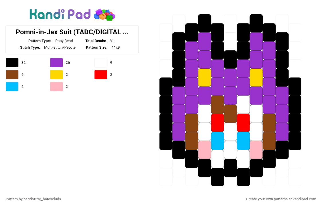Pomni-in-Jax Suit (TADC/DIGITAL CIRCUS) - Pony Bead Pattern by peridot5xg_hatescl0ds on Kandi Pad - purple,red,tadc,pomni,jax,funnybunny,digital circus,isnt she lovely
