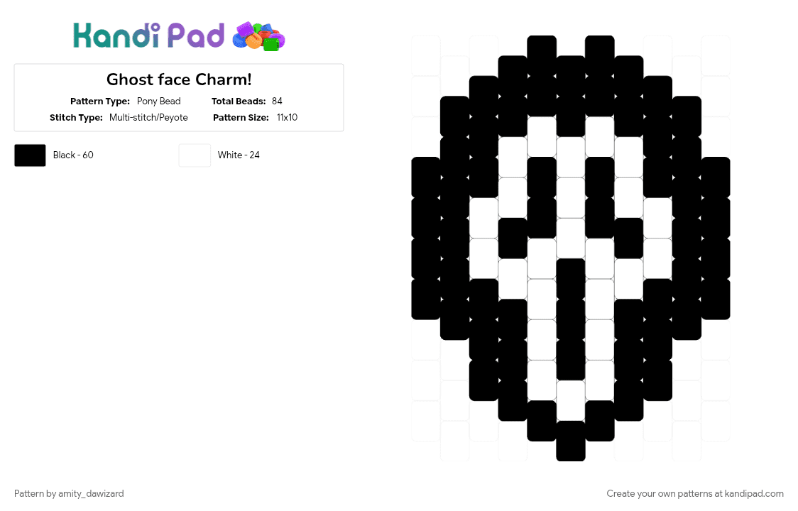 Ghost face Charm! - Pony Bead Pattern by amity_dawizard on Kandi Pad - black, charm, ghostface, halloween, kandi charm, white