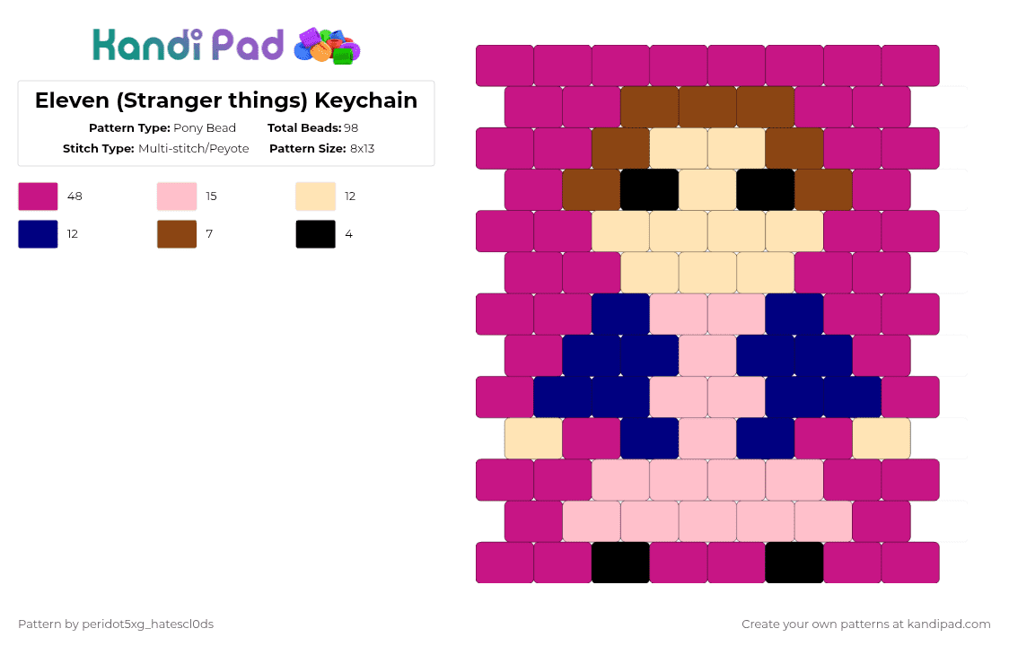 Eleven (Stranger things) Keychain - Pony Bead Pattern by peridot5xg_hatescl0ds on Kandi Pad - pink