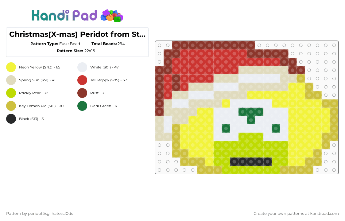 Christmas[X-mas] Peridot from Steven Universe - Fuse Bead Pattern by peridot5xg_hatescl0ds on Kandi Pad - yellow,red