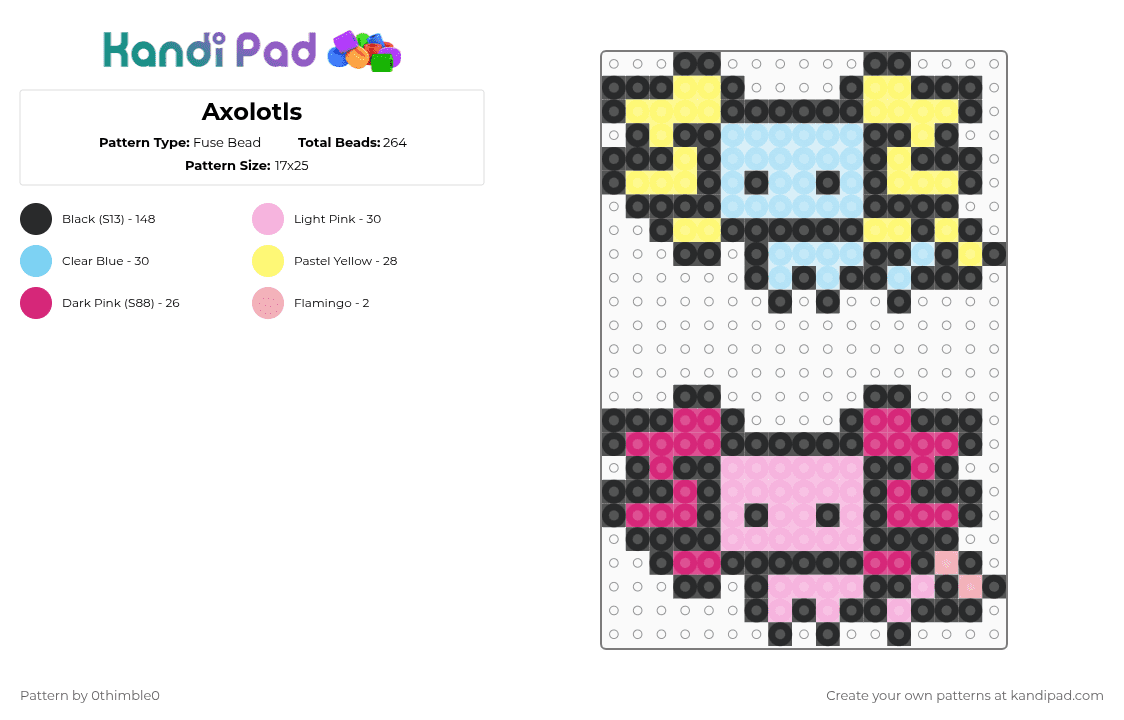 Axolotls - Fuse Bead Pattern by 0thimble0 on Kandi Pad - black,pink,light blue,yellow