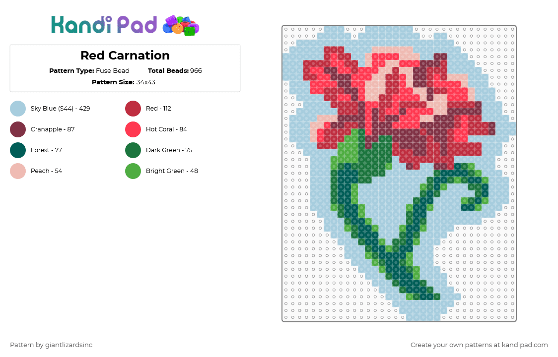 Red Carnation - Fuse Bead Pattern by giantlizardsinc on Kandi Pad - red,light blue,carnation,flower,red flower