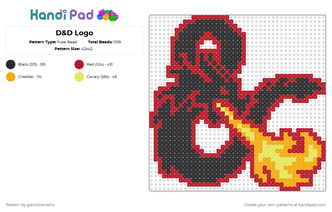 D&D Logo - Fuse Bead Pattern by giantlizardsinc on Kandi Pad - red,dnd,dungeons and dragons,dnd logo,dd logo,dragon logo,ampersand dragon,dragon