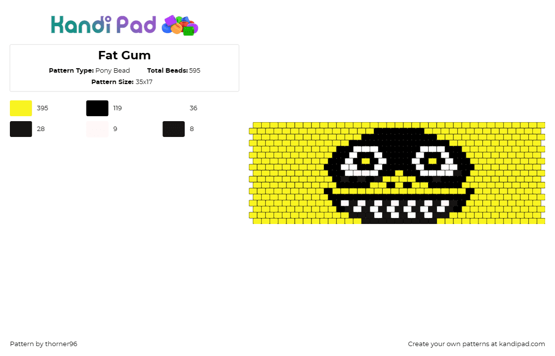 Fat Gum - Pony Bead Pattern by thorner96 on Kandi Pad - fat gum,taishiro toyomitsu,bmi hero,my hero academia,cuff,face,yellow,black