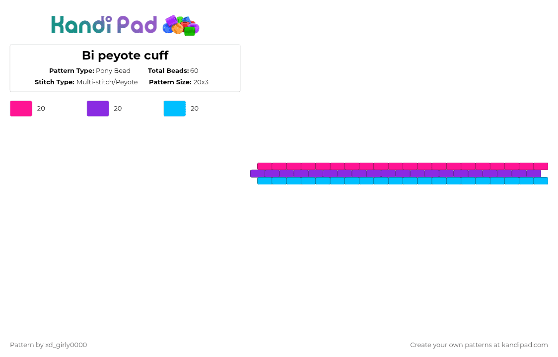 Bi peyote cuff - Pony Bead Pattern by xd_girly0000 on Kandi Pad - pink,purple,light blue