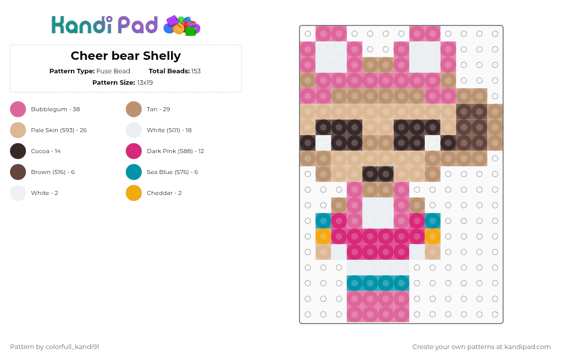 Cheer bear Shelly - Fuse Bead Pattern by colorfull_kandi91 on Kandi Pad - pink,beige,shelly,cheer bear,dandys world,shell