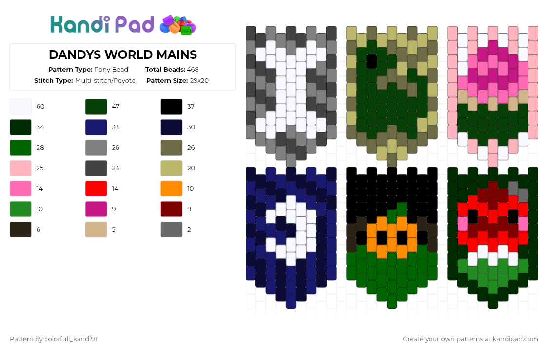 DANDYS WORLD MAINS - Pony Bead Pattern by colorfull_kandi91 on Kandi Pad - beige,pink,green,colorful,dandy,dandys world,bobette,sprout,shelly,pebble,gourdy,astro
