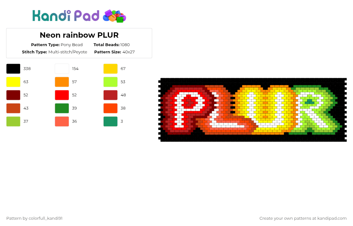 Neon rainbow PLUR - Pony Bead Pattern by colorfull_kandi91 on Kandi Pad - red,green,yellow