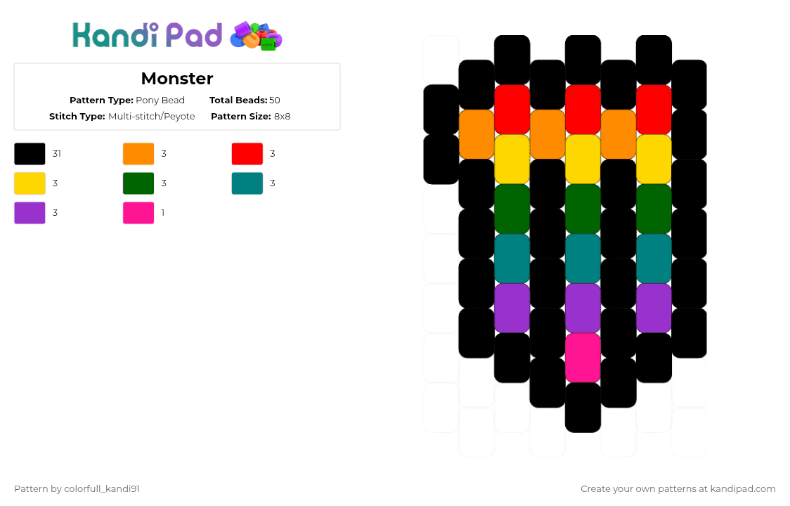 Monster - Pony Bead Pattern by colorfull_kandi91 on Kandi Pad - black,red,green,purple,colorful