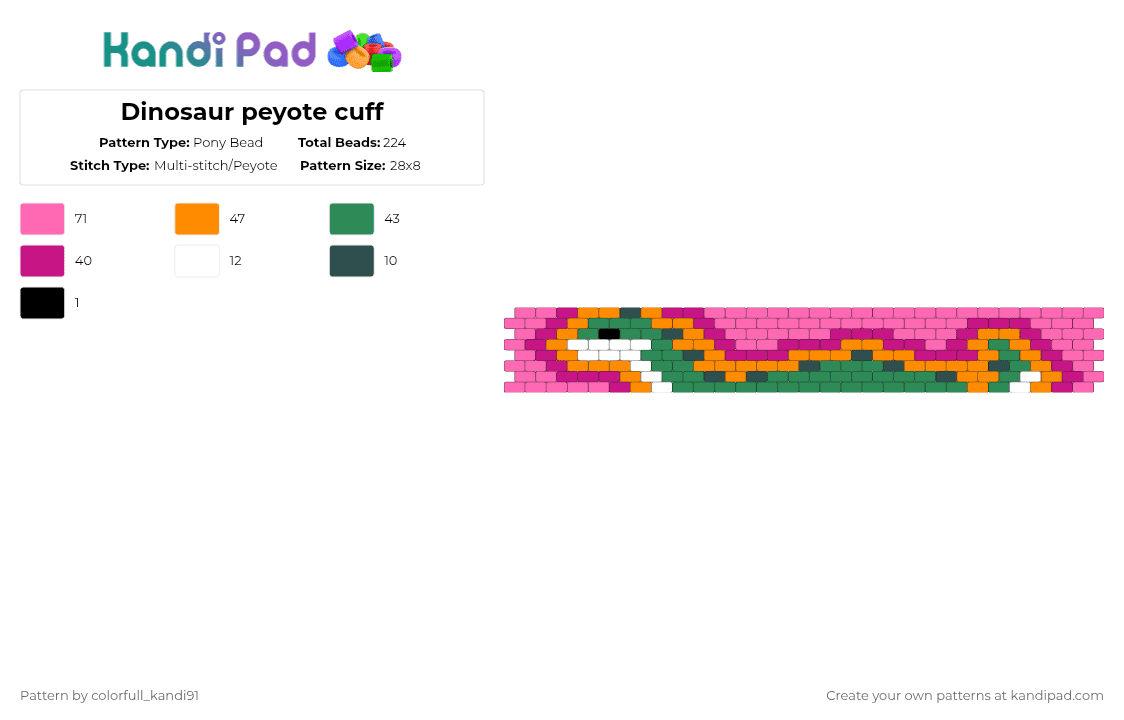 Dinosaur peyote cuff - Pony Bead Pattern by colorfull_kandi91 on Kandi Pad - pink,dino,dinosaur,cute,peyote,cuff