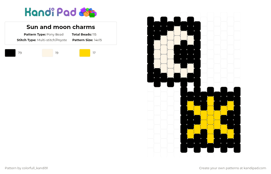 Sun and moon charms - Pony Bead Pattern by colorfull_kandi91 on Kandi Pad - black,white,yellow,fnaf,sun,moon