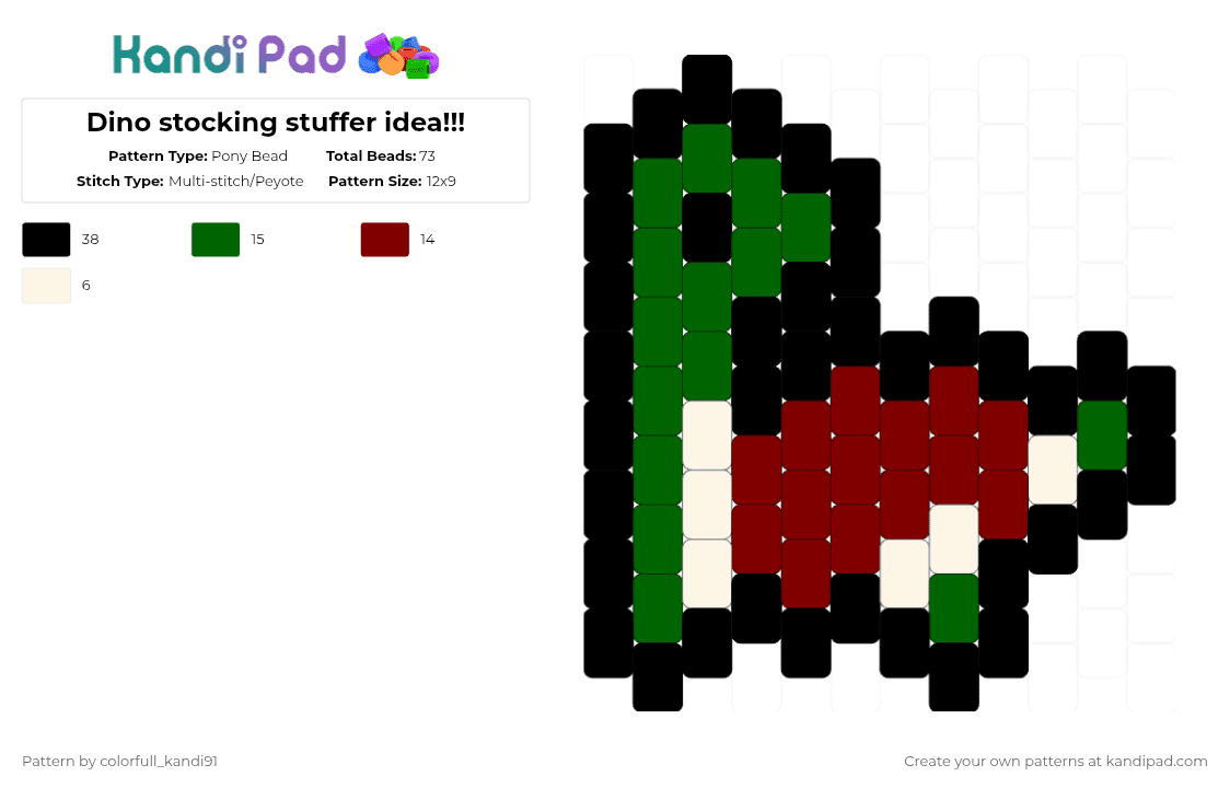 Dino stocking stuffer idea!!! - Pony Bead Pattern by colorfull_kandi91 on Kandi Pad - green,brown,christmas,holiday,dino,dinosaur,peyote,stocking,stuffer,stocking stuffer