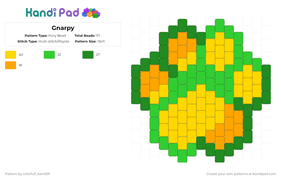 Gnarpy - Pony Bead Pattern by colorfull_kandi91 on Kandi Pad - green,yellow,gnarpy,paw