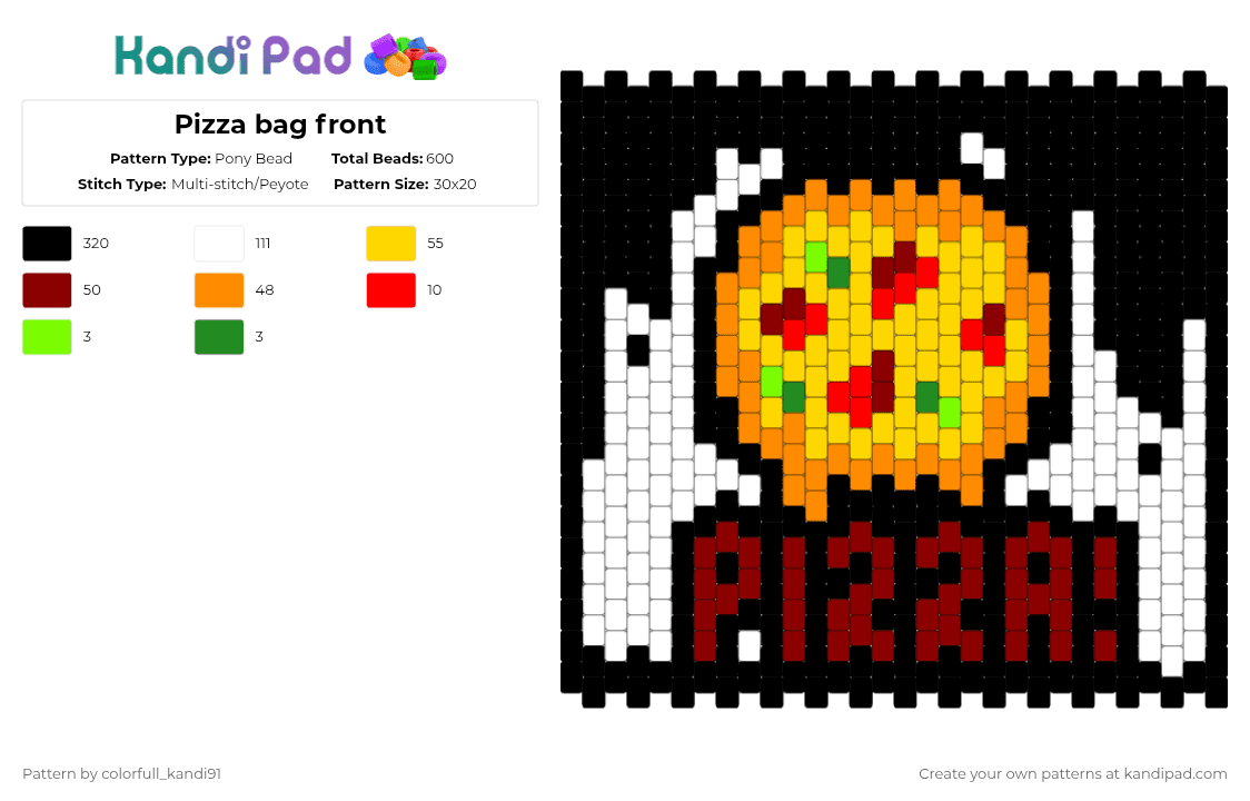 Pizza bag front - Pony Bead Pattern by colorfull_kandi91 on Kandi Pad - black,orange,yellow,red